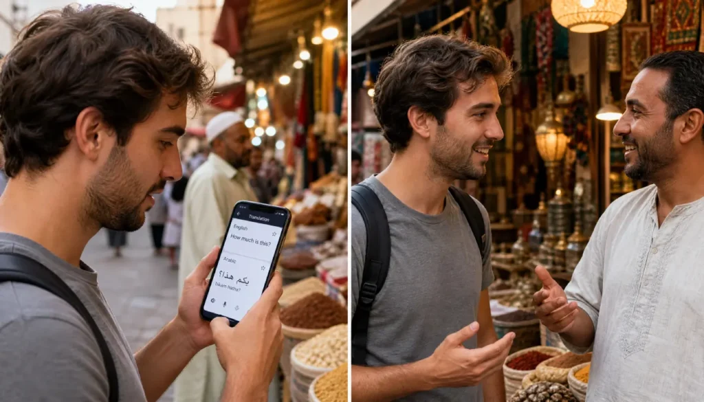 Traveler comparing phone translation app with speaking directly to a local shopkeeper