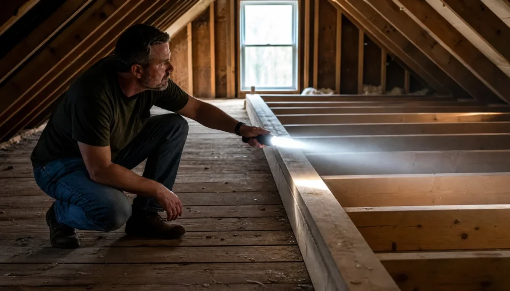 Homeowner checking ceiling joists in attic to see if an interior wall is load bearing.