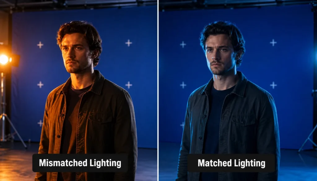 Side-by-side comparison showing poor green screen lighting on the left and correct lighting match on the right.