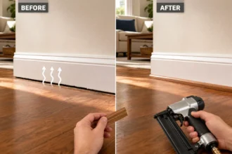 Before and after fixing baseboard gap without caulk