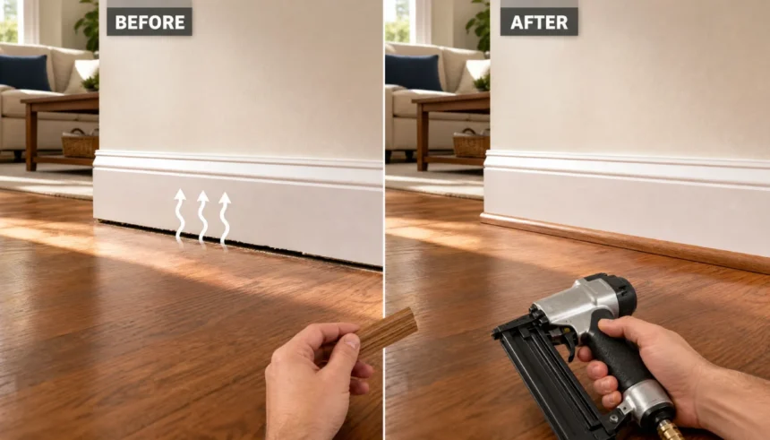 Before and after fixing baseboard gap without caulk