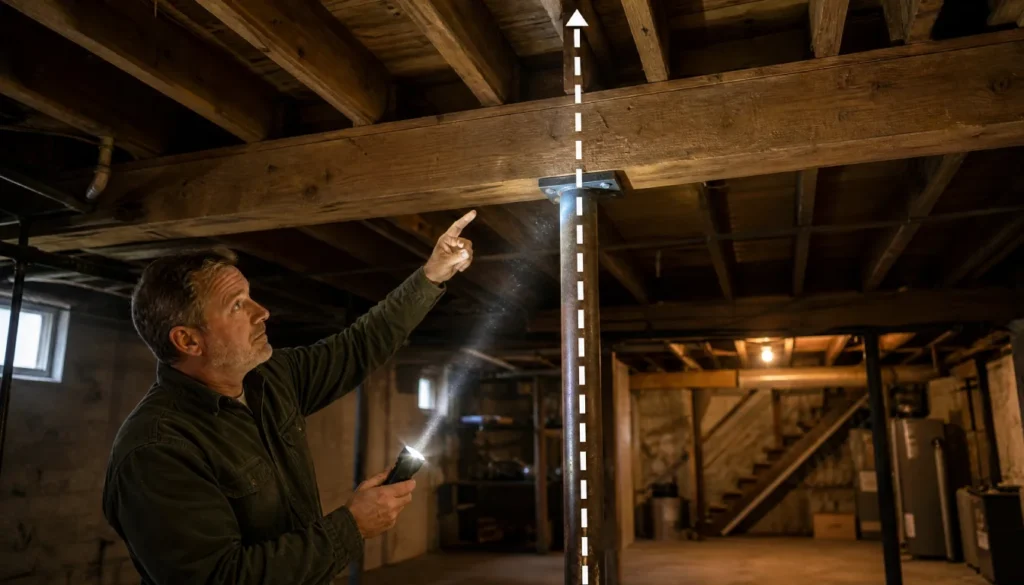 Person in basement inspecting a support beam and column to identify a load bearing wall above without blueprints.