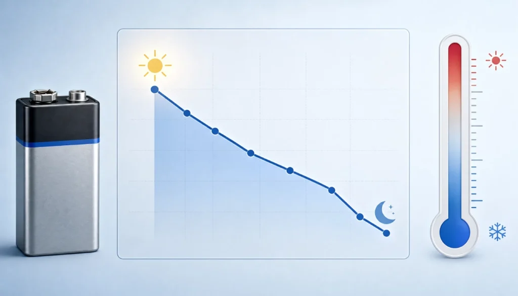 Graph showing battery voltage decreasing as temperature falls, explaining why smoke alarms chirp at night