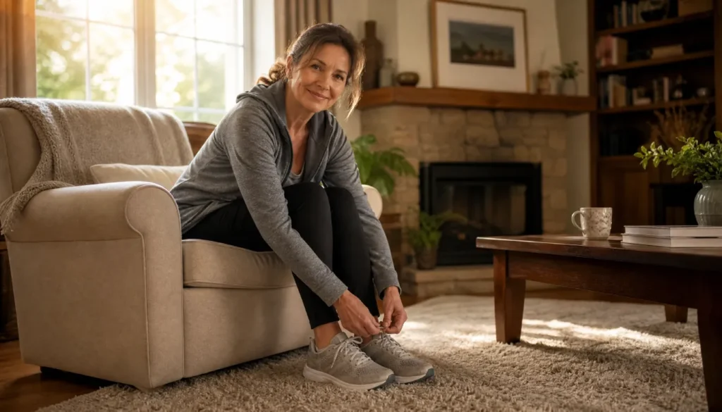 Woman tying comfortable walking shoes at home, beginner friendly setup