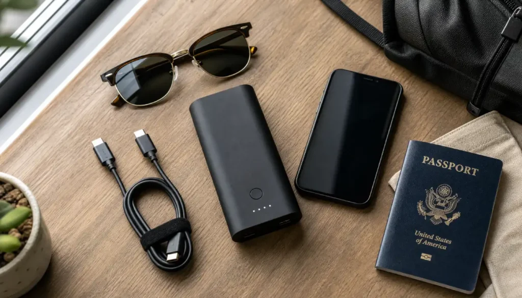Portable charger, cable, and travel essentials laid out on a table