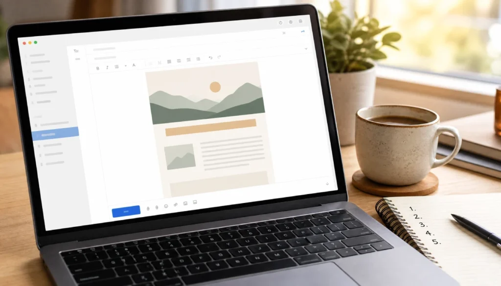 Laptop showing an email newsletter draft next to a notepad with a content outline