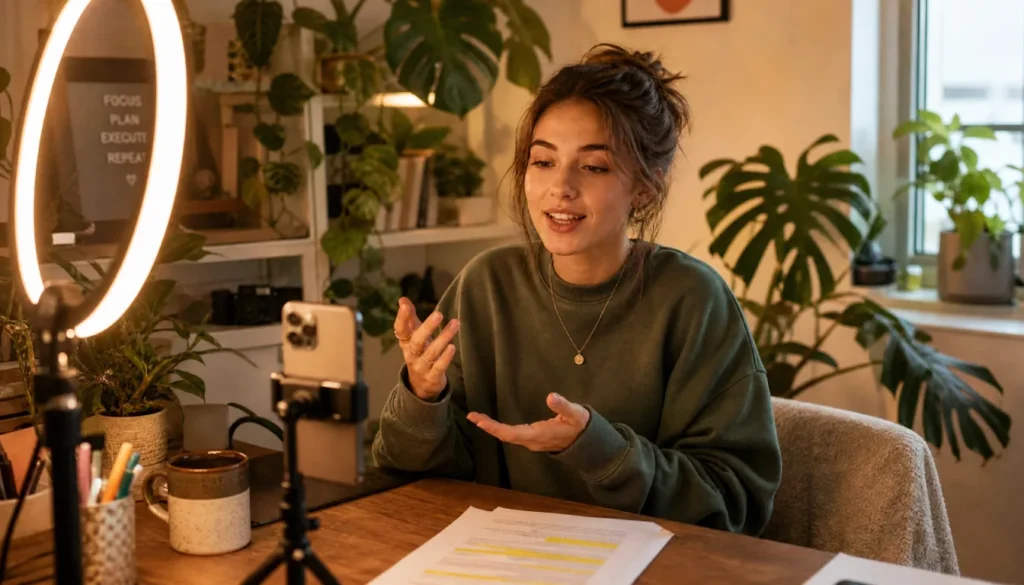 Content creator filming a video using notes from a printed blog post