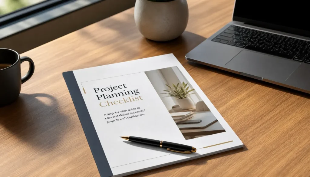 Printed checklist styled as a downloadable PDF lead magnet next to a laptop