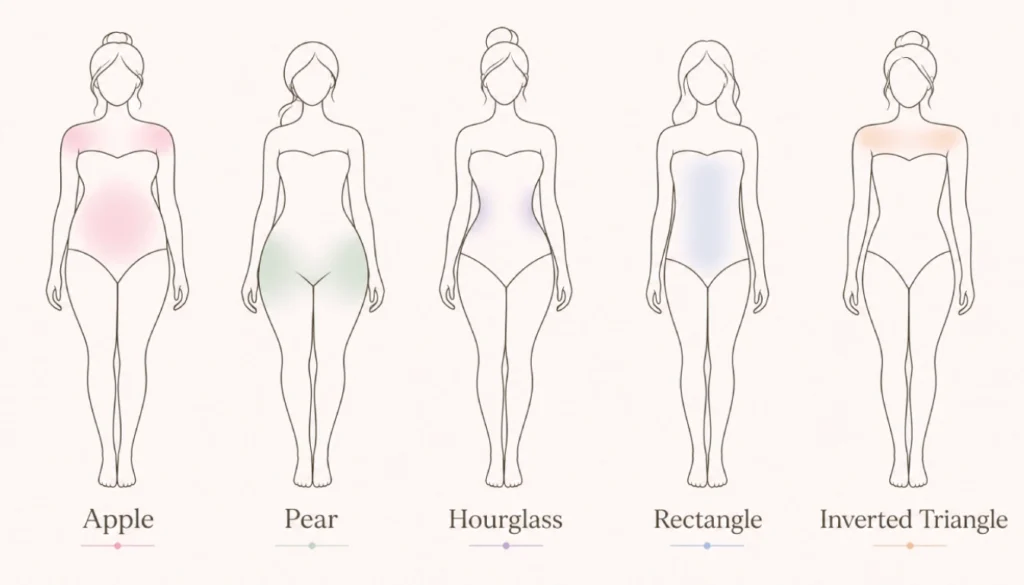 Infographic of five female body shapes, apple, pear, hourglass, rectangle, inverted triangle, for easy identification