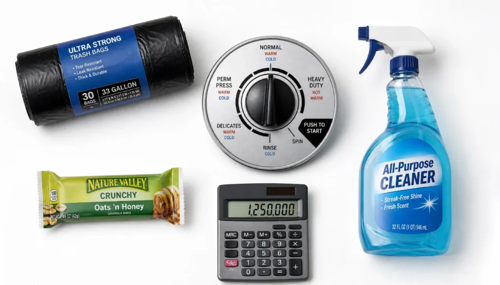 Collage of everyday items from boring but profitable businesses like trash bags, cleaning spray, and a calculator with high profits
