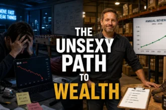 Split image comparing a stressed startup founder with a calm boring business owner earning steady income