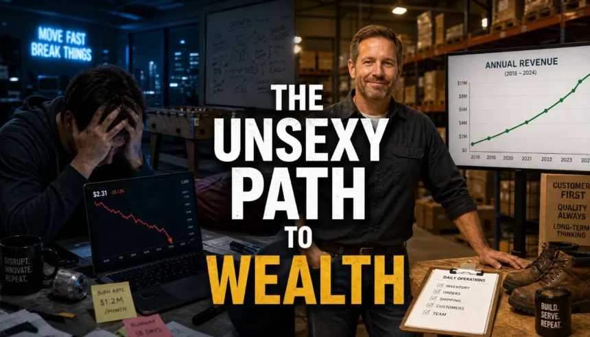 Split image comparing a stressed startup founder with a calm boring business owner earning steady income