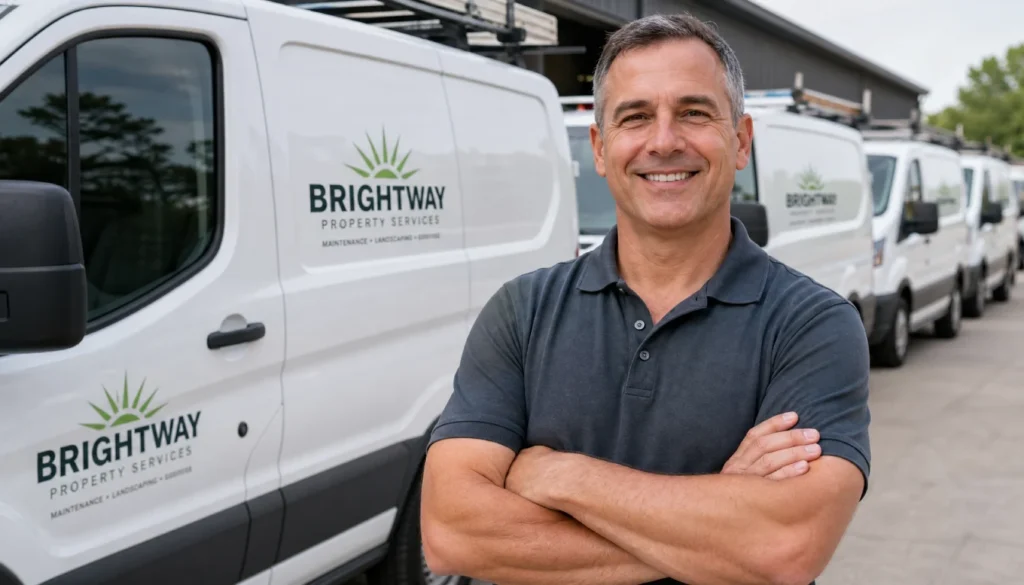 Successful owner of a commercial cleaning company standing in front of his service vans