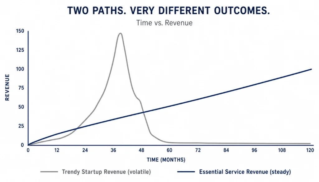 Chart showing steady revenue growth of essential service businesses versus volatile startup revenue