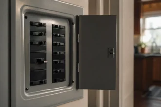 Home electrical panel with one circuit breaker switched off while others stay on