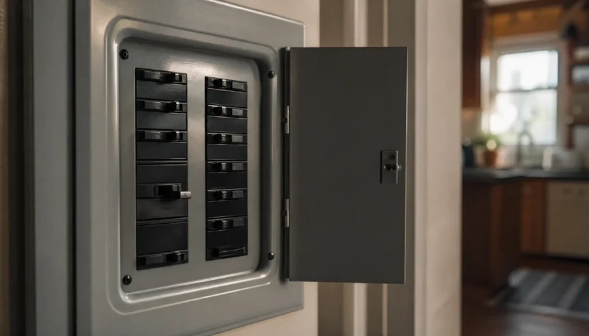 Home electrical panel with one circuit breaker switched off while others stay on
