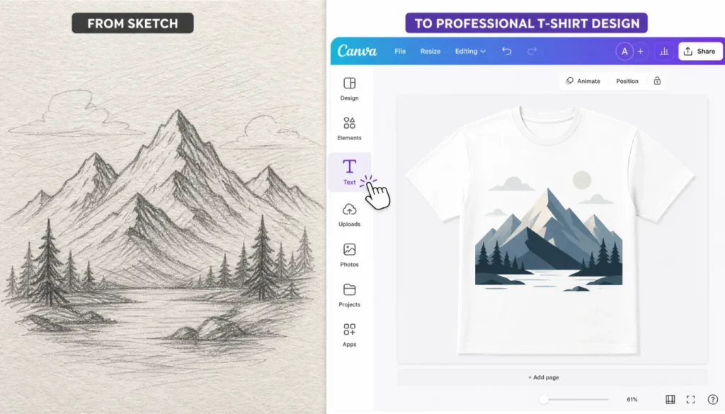 Example of transforming a simple sketch into a professional print on demand t-shirt design using Canva