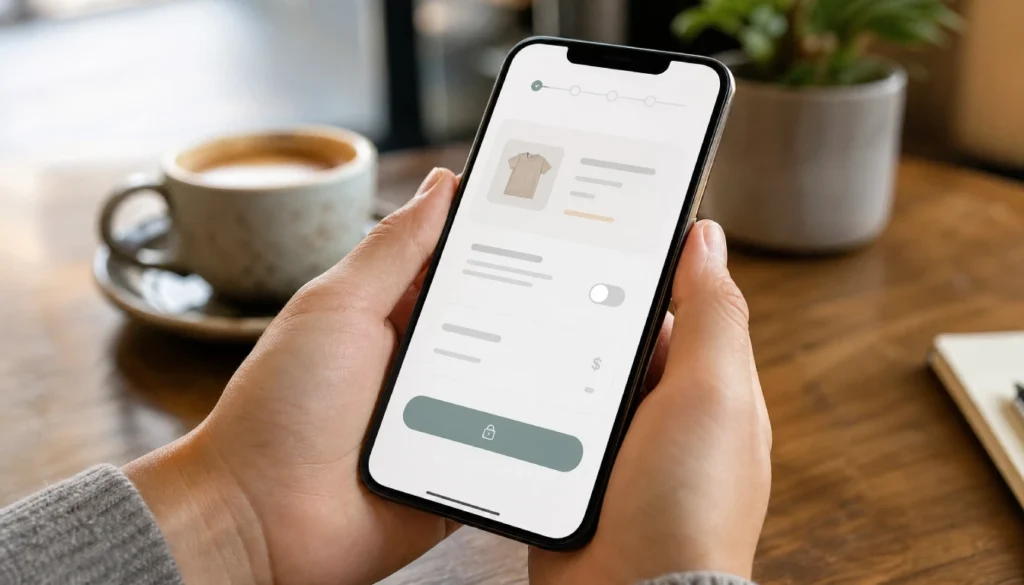Hands holding a phone at the carbon offset checkout screen while booking a flight