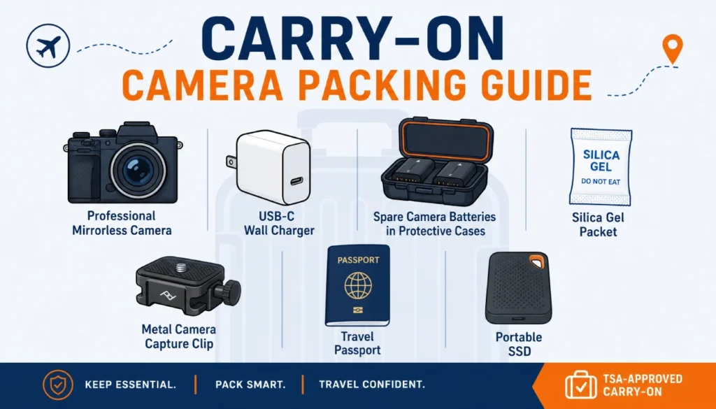 Infographic carry-on camera packing checklist with TSA rules and essential travel gear