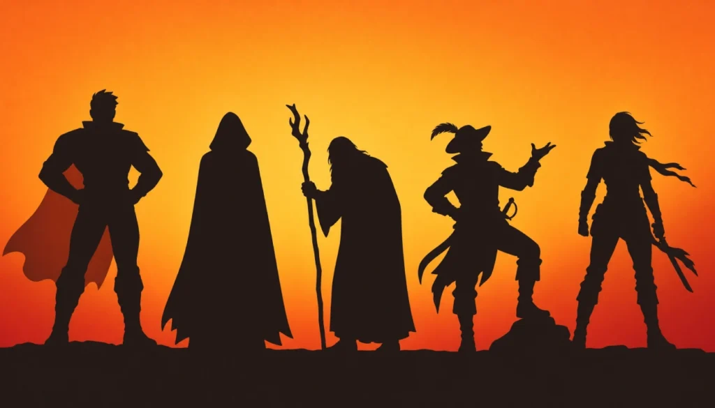 Five silhouette figures representing different classic movie character types
