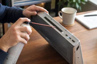 person cleaning laptop fan vent with compressed air at home desk