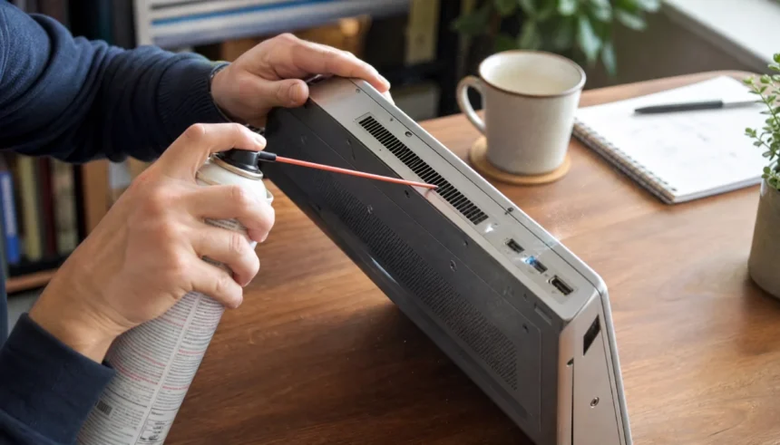 person cleaning laptop fan vent with compressed air at home desk