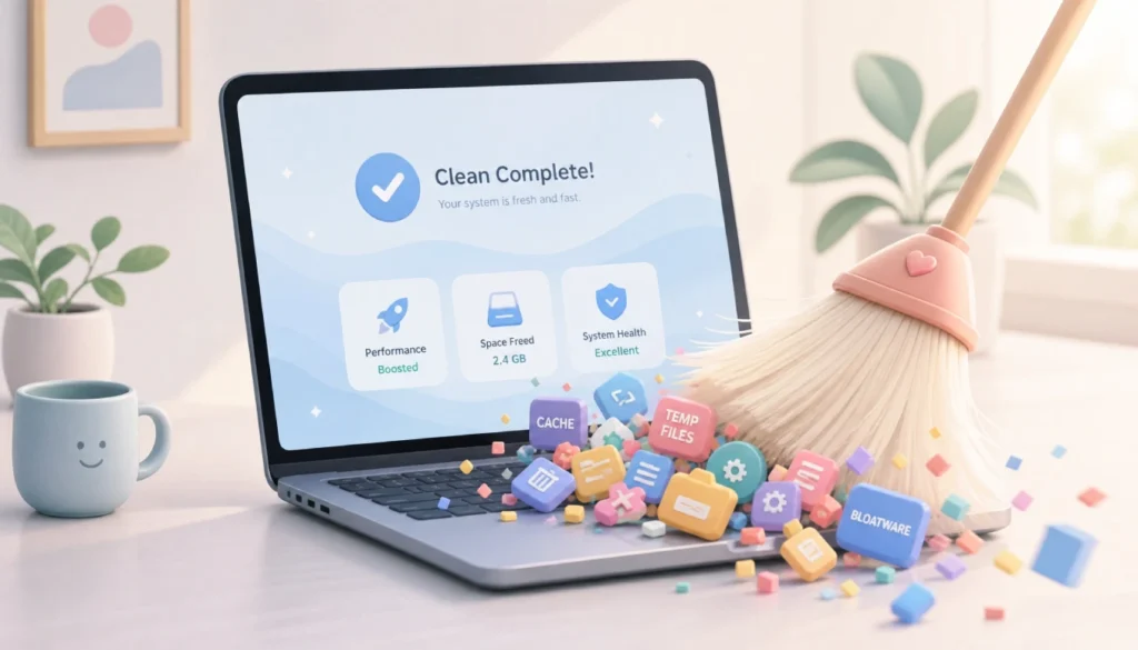 A laptop being cleaned of temporary files and bloatware, symbolising digital cleanup