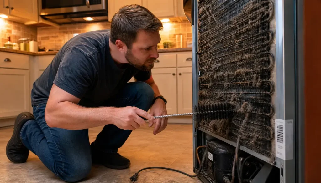 Cleaning dusty condenser coils on the back of a refrigerator
