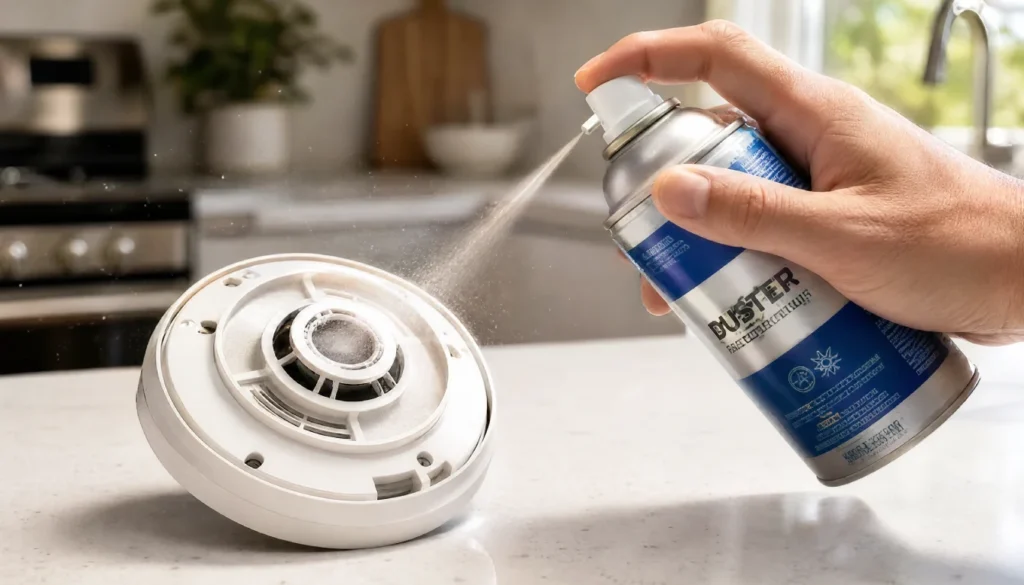 Cleaning dust from a smoke alarm sensor using compressed air to fix a persistent night chirp