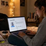 College student building a freelance profile on a laptop in a dorm room