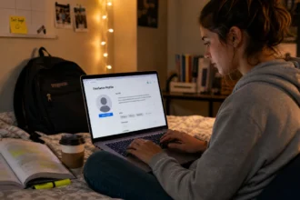 College student building a freelance profile on a laptop in a dorm room