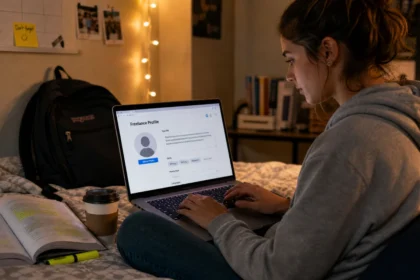 College student building a freelance profile on a laptop in a dorm room