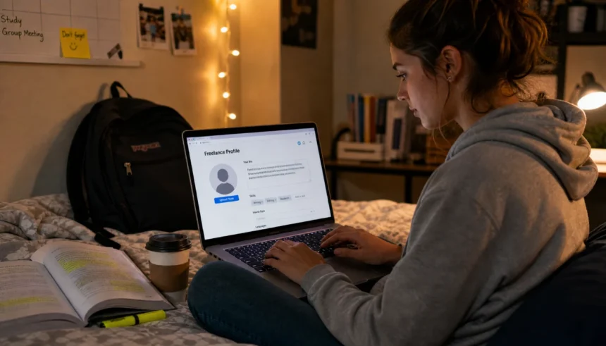 College student building a freelance profile on a laptop in a dorm room