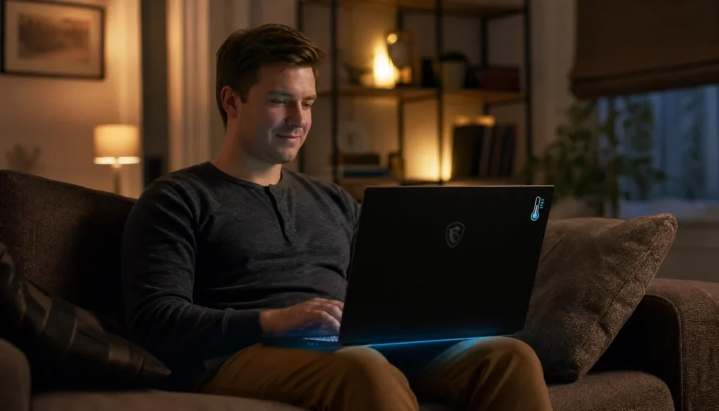 person comfortably using a laptop after cleaning the fan