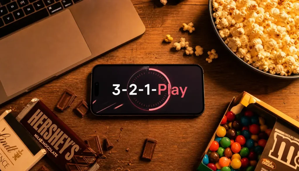 Smartphone showing a countdown timer set to 3-2-1-Play for syncing a virtual movie night start