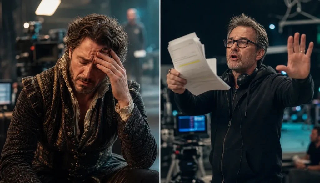 Actor and director having a tense discussion on a TV set, illustrating creative differences