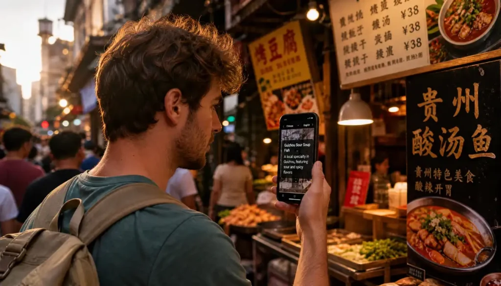 Traveler using a translation app to navigate a foreign street market