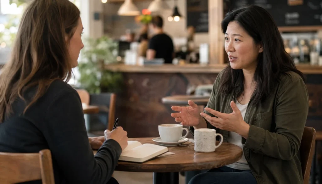 Two people having a customer interview conversation at a cafe table