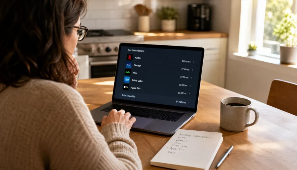 Person reviewing streaming subscription costs on a laptop at home