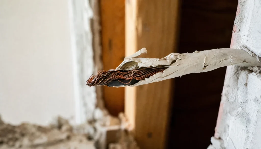 Close up of frayed electrical wire insulation exposing bare copper wire