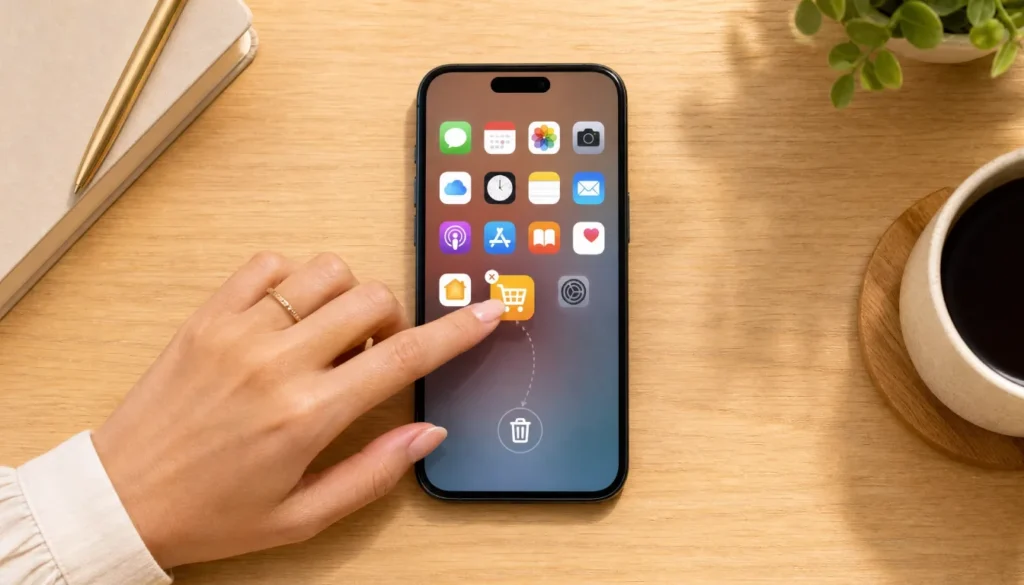 Woman deleting a shopping app from her phone to stop impulse buying