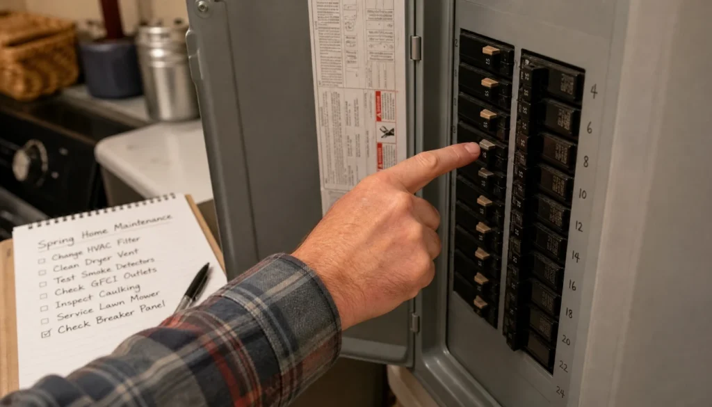 Person checking a home breaker panel while troubleshooting a tripped circuit