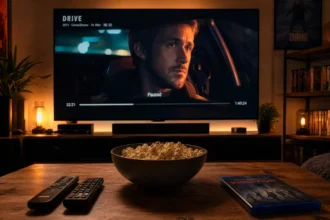 Home theater setup with a paused movie on screen, popcorn and remote on the table