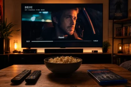 Home theater setup with a paused movie on screen, popcorn and remote on the table