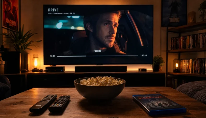 Home theater setup with a paused movie on screen, popcorn and remote on the table