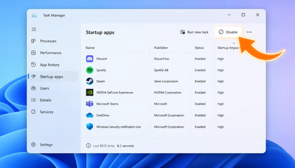Task Manager Startup tab on Windows 11 showing programs to disable