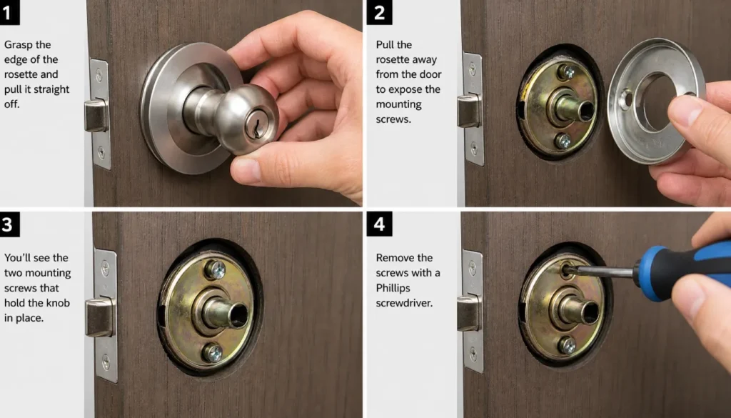 Removing doorknob base plate to access mounting screws