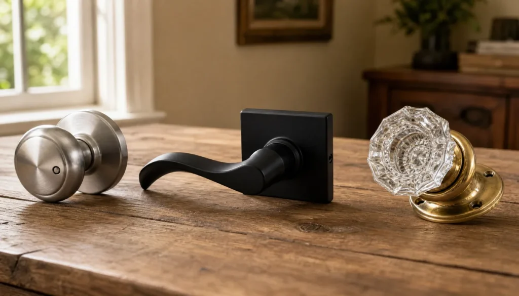 Comparison of doorknob types including privacy knob, lever, and vintage glass knob