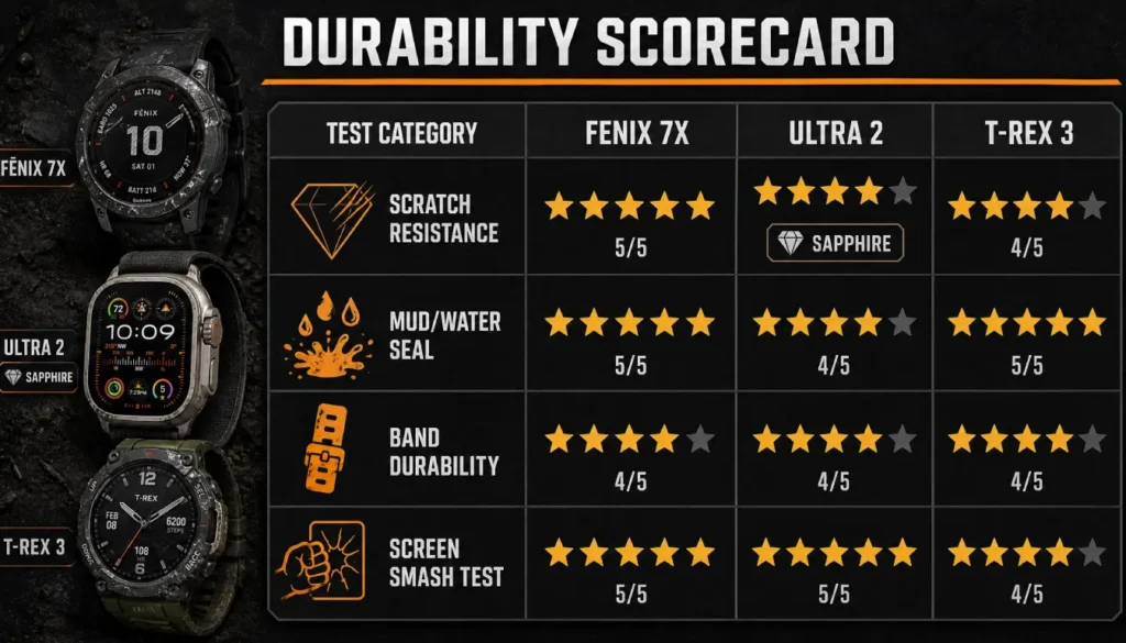 Smartwatch durability scorecard Fenix Ultra T-Rex build quality