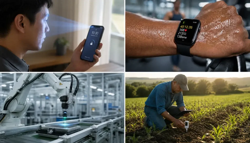Everyday examples of edge AI including smartphones, wearables, factories, and farming